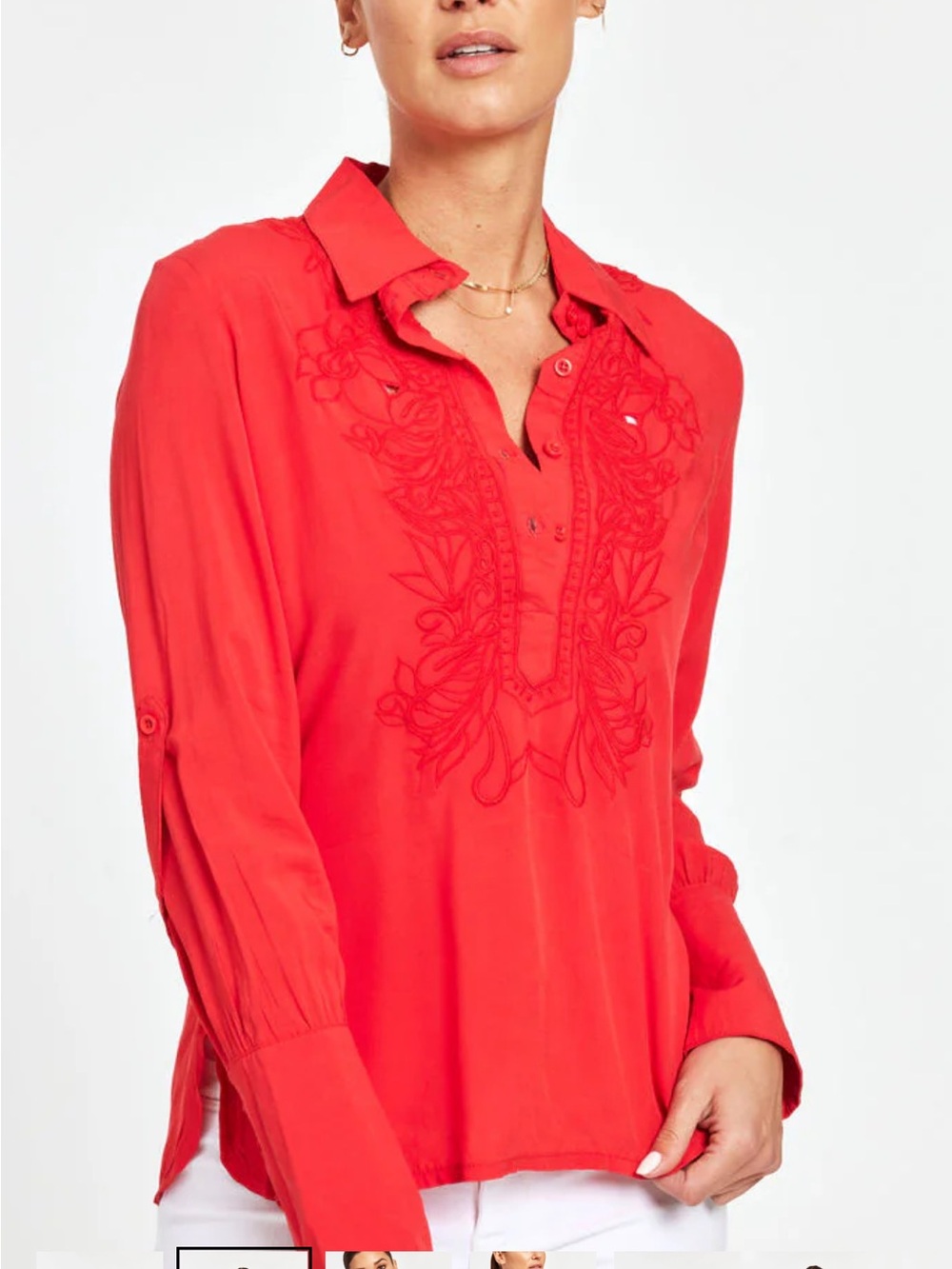 Dolce Cabo Red Embroidered Button-Front Blouse